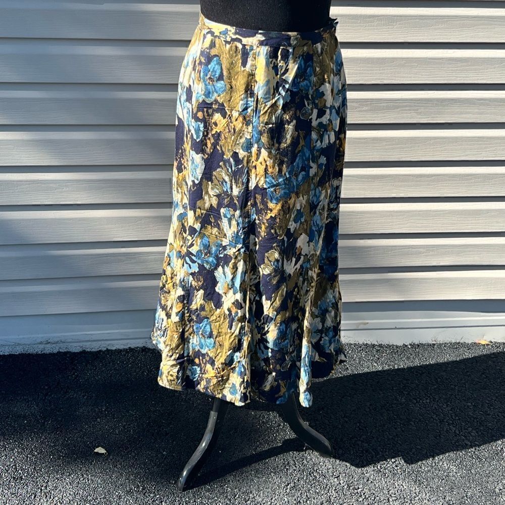 Christopher & Banks flowing floral blue green midi brown skirt size 12